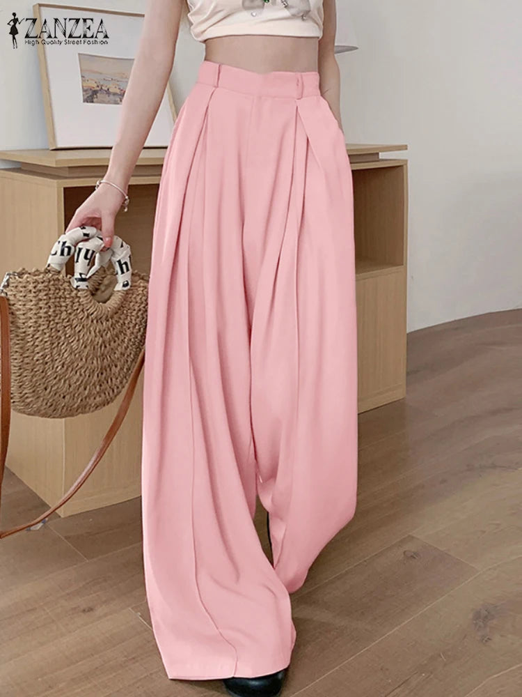 ZANZEA Street Fashion Women Wide Leg Pants Elastic High Waist Inverted Pleats Solid Trousers 2025 Spring Casual Commuting Slacks