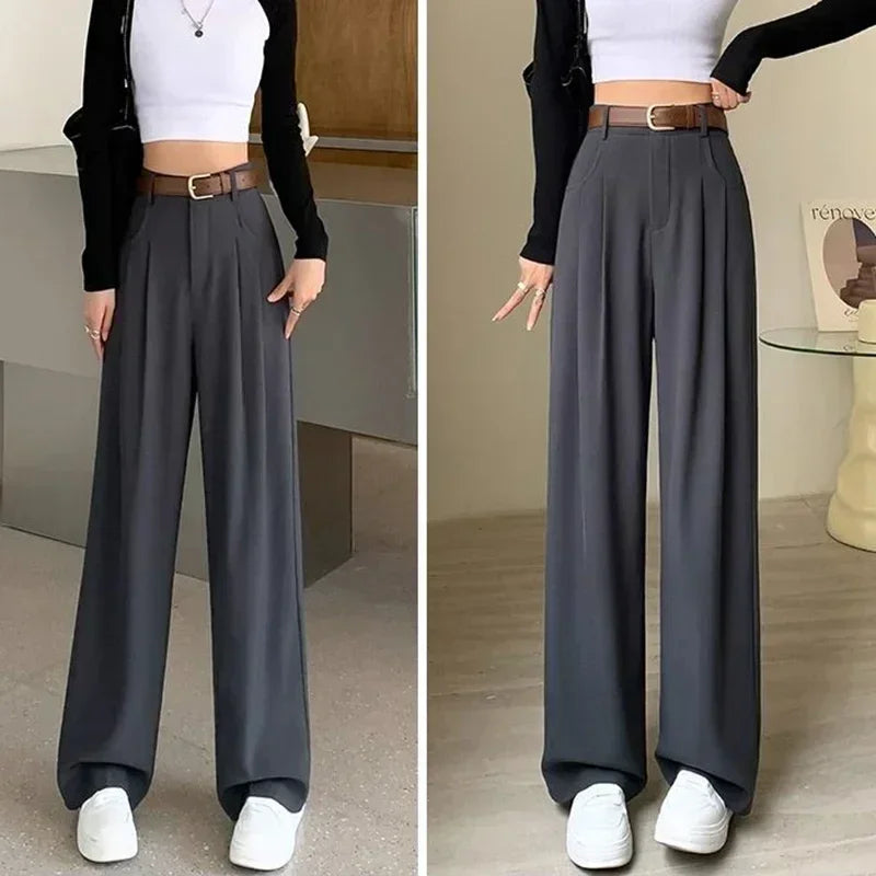 Women Fashion Suit Pants Lady Breathable Baggy High Waist Wide Leg Trousers Lady Straight Leg Gray Classic Office Long Pants
