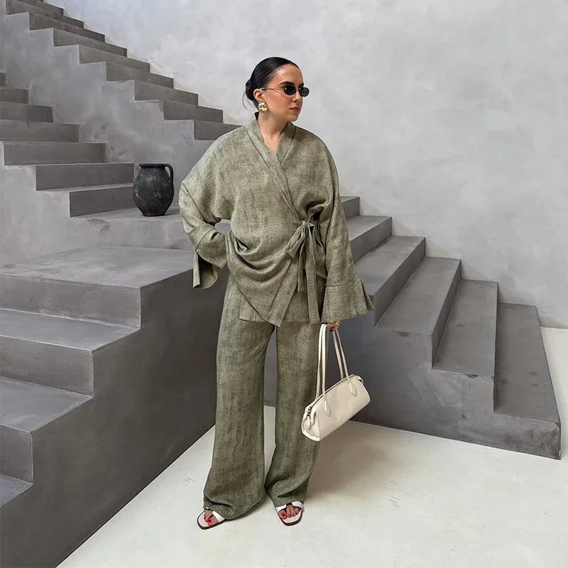 Vintage Women's Shirt Pant Suit Loose V-neck Lace Up Long Sleeve Oversize Shirts Wide Leg Pants 2025 Spring Summer 2 Pieces Set
