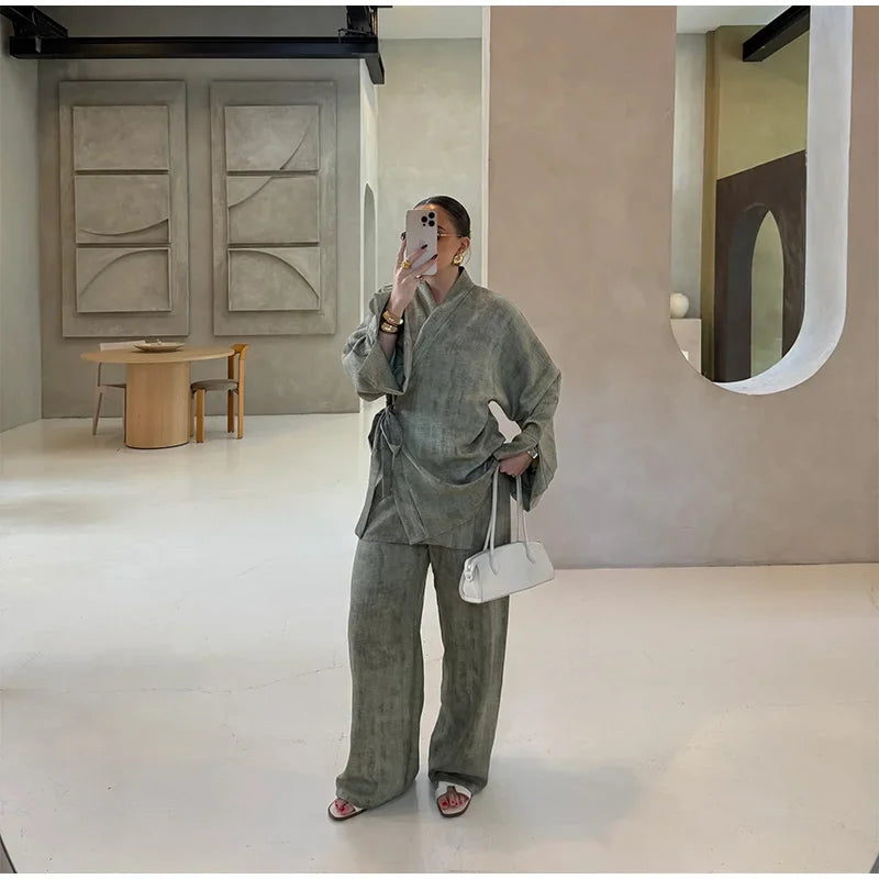 Vintage Women's Shirt Pant Suit Loose V-neck Lace Up Long Sleeve Oversize Shirts Wide Leg Pants 2025 Spring Summer 2 Pieces Set