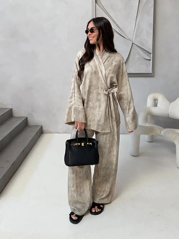Vintage Women's Shirt Pant Suit Loose V-neck Lace Up Long Sleeve Oversize Shirts Wide Leg Pants 2025 Spring Summer 2 Pieces Set