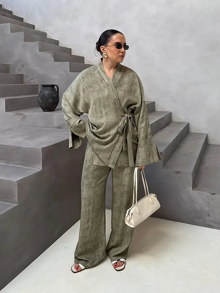 Vintage Women's Shirt Pant Suit Loose V-neck Lace Up Long Sleeve Oversize Shirts Wide Leg Pants 2025 Spring Summer 2 Pieces Set