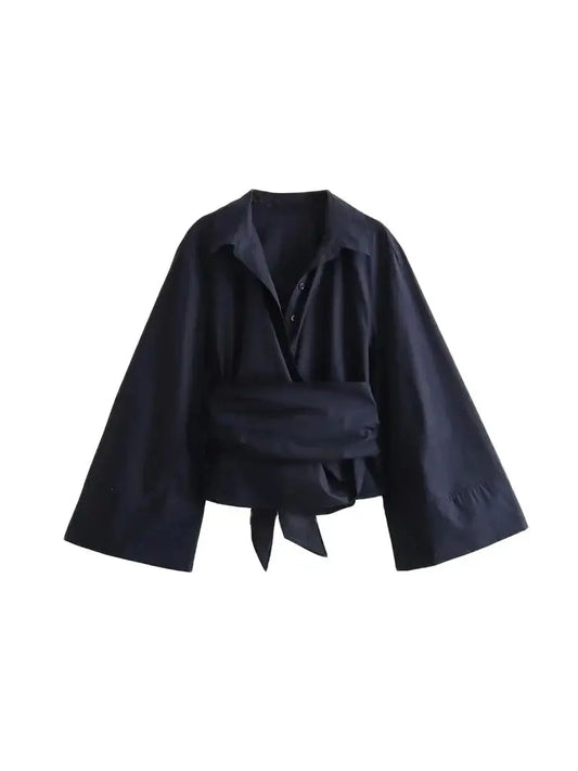 Long Sleeve Kimono Blouses With Bow Tie