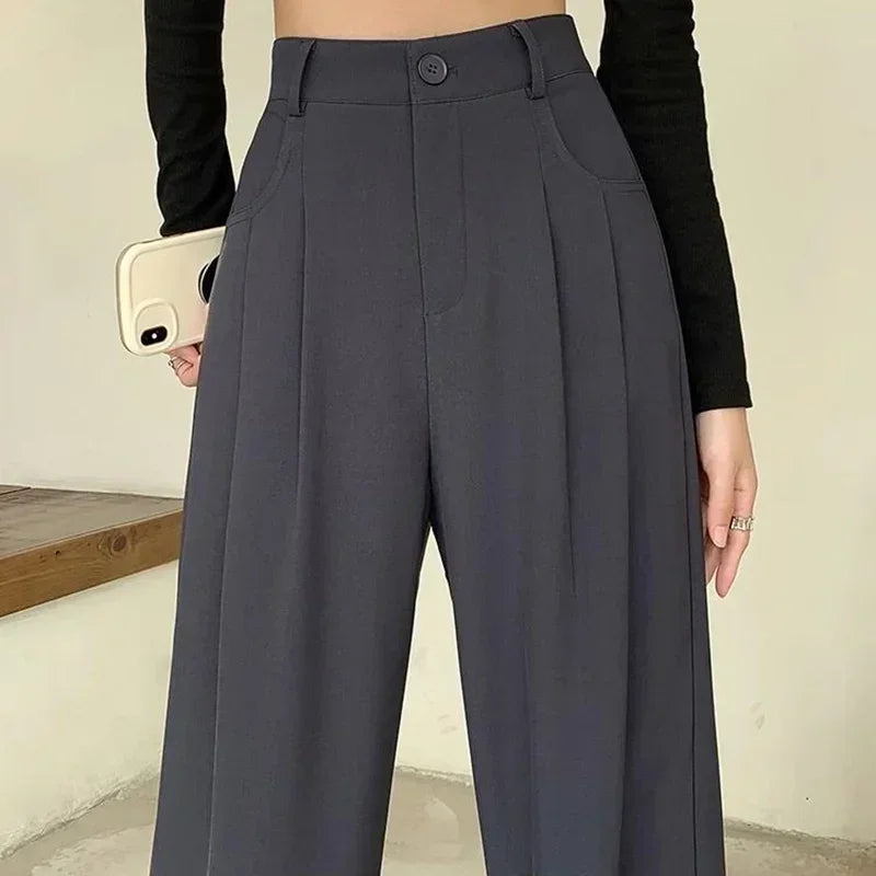 Women Fashion Suit Pants Lady Breathable Baggy High Waist Wide Leg Trousers Lady Straight Leg Gray Classic Office Long Pants