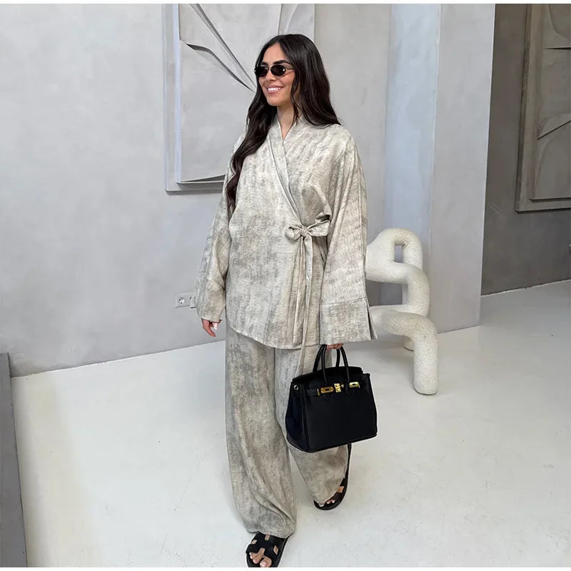 Vintage Women's Shirt Pant Suit Loose V-neck Lace Up Long Sleeve Oversize Shirts Wide Leg Pants 2025 Spring Summer 2 Pieces Set