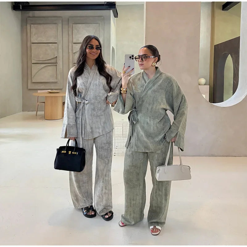 Vintage Women's Shirt Pant Suit Loose V-neck Lace Up Long Sleeve Oversize Shirts Wide Leg Pants 2025 Spring Summer 2 Pieces Set