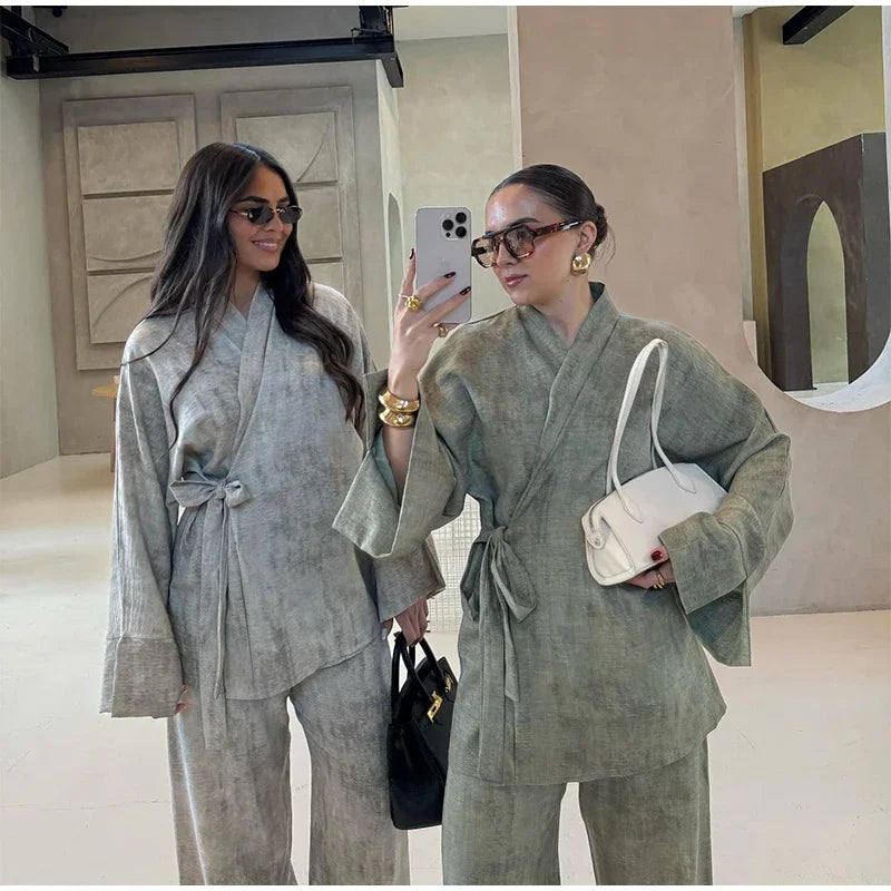 Vintage Women's Shirt Pant Suit Loose V-neck Lace Up Long Sleeve Oversize Shirts Wide Leg Pants 2025 Spring Summer 2 Pieces Set