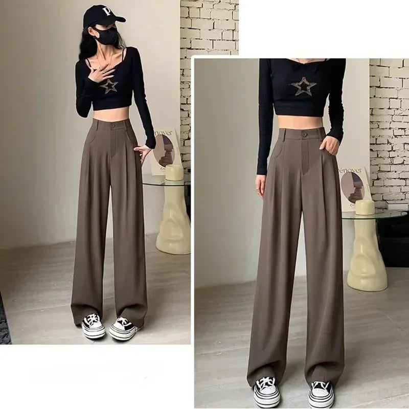 Women Fashion Suit Pants Lady Breathable Baggy High Waist Wide Leg Trousers Lady Straight Leg Gray Classic Office Long Pants