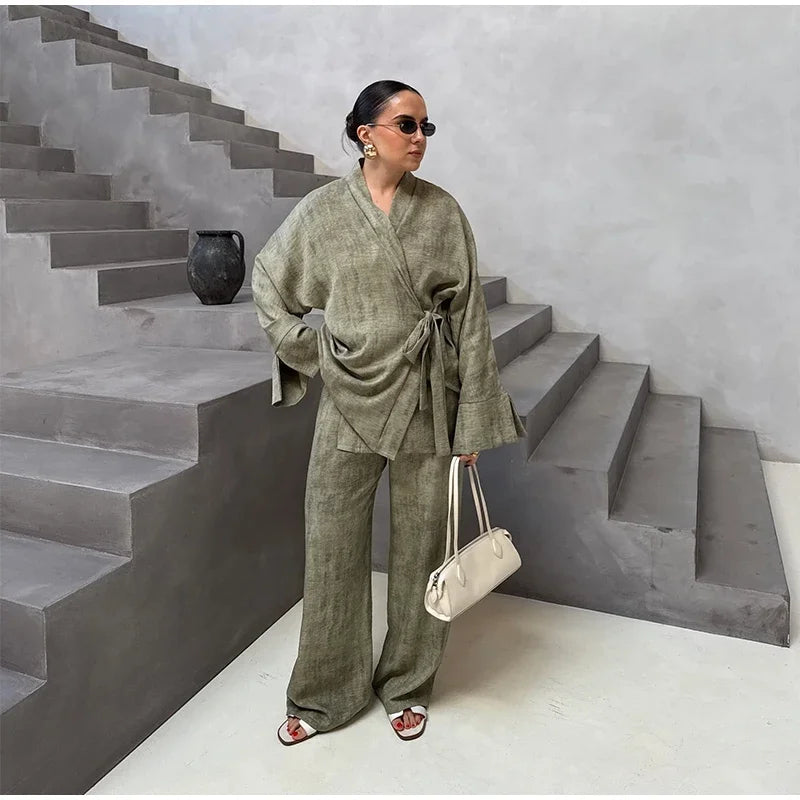 Vintage Women's Shirt Pant Suit Loose V-neck Lace Up Long Sleeve Oversize Shirts Wide Leg Pants 2025 Spring Summer 2 Pieces Set