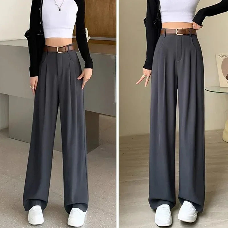 Women Fashion Suit Pants Lady Breathable Baggy High Waist Wide Leg Trousers Lady Straight Leg Gray Classic Office Long Pants