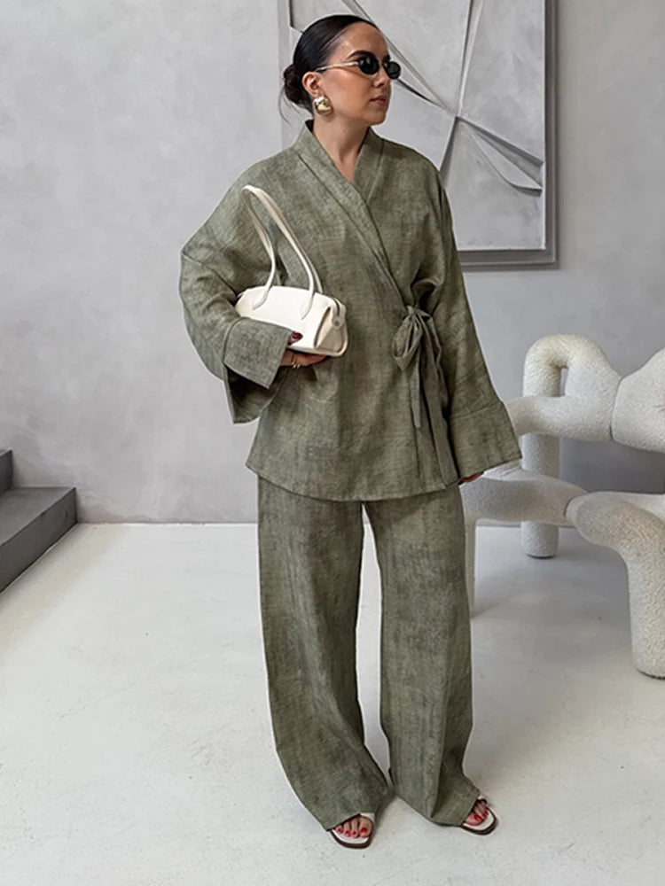 Vintage Women's Shirt Pant Suit Loose V-neck Lace Up Long Sleeve Oversize Shirts Wide Leg Pants 2025 Spring Summer 2 Pieces Set