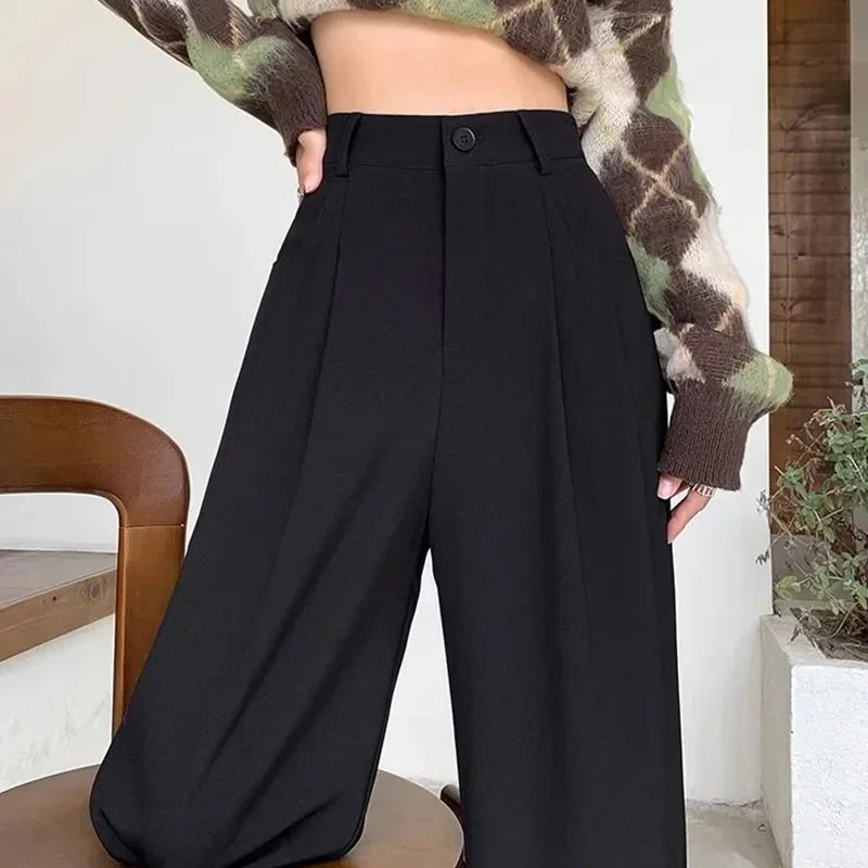 Women Fashion Suit Pants Lady Breathable Baggy High Waist Wide Leg Trousers Lady Straight Leg Gray Classic Office Long Pants