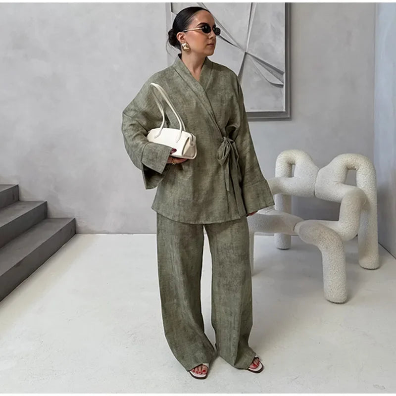 Vintage Women's Shirt Pant Suit Loose V-neck Lace Up Long Sleeve Oversize Shirts Wide Leg Pants 2025 Spring Summer 2 Pieces Set