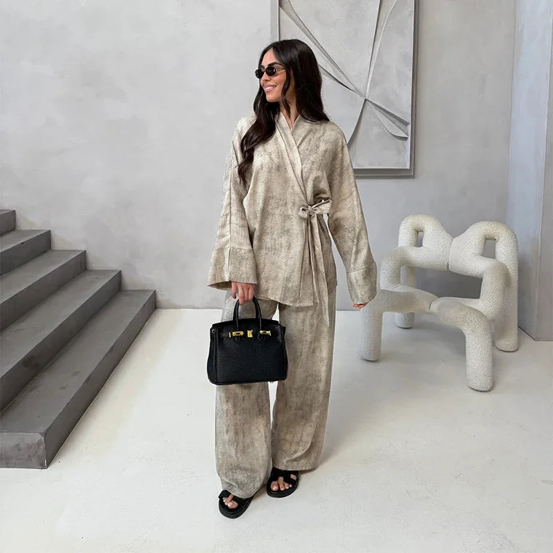 Vintage Women's Shirt Pant Suit Loose V-neck Lace Up Long Sleeve Oversize Shirts Wide Leg Pants 2025 Spring Summer 2 Pieces Set