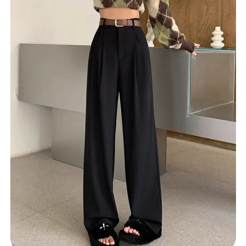 Women Fashion Suit Pants Lady Breathable Baggy High Waist Wide Leg Trousers Lady Straight Leg Gray Classic Office Long Pants
