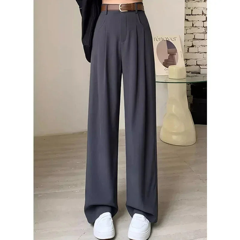 Women Fashion Suit Pants Lady Breathable Baggy High Waist Wide Leg Trousers Lady Straight Leg Gray Classic Office Long Pants
