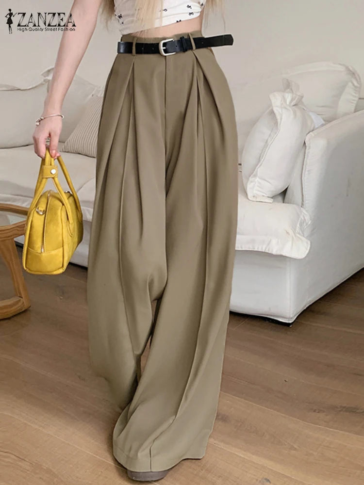 ZANZEA Street Fashion Women Wide Leg Pants Elastic High Waist Inverted Pleats Solid Trousers 2025 Spring Casual Commuting Slacks
