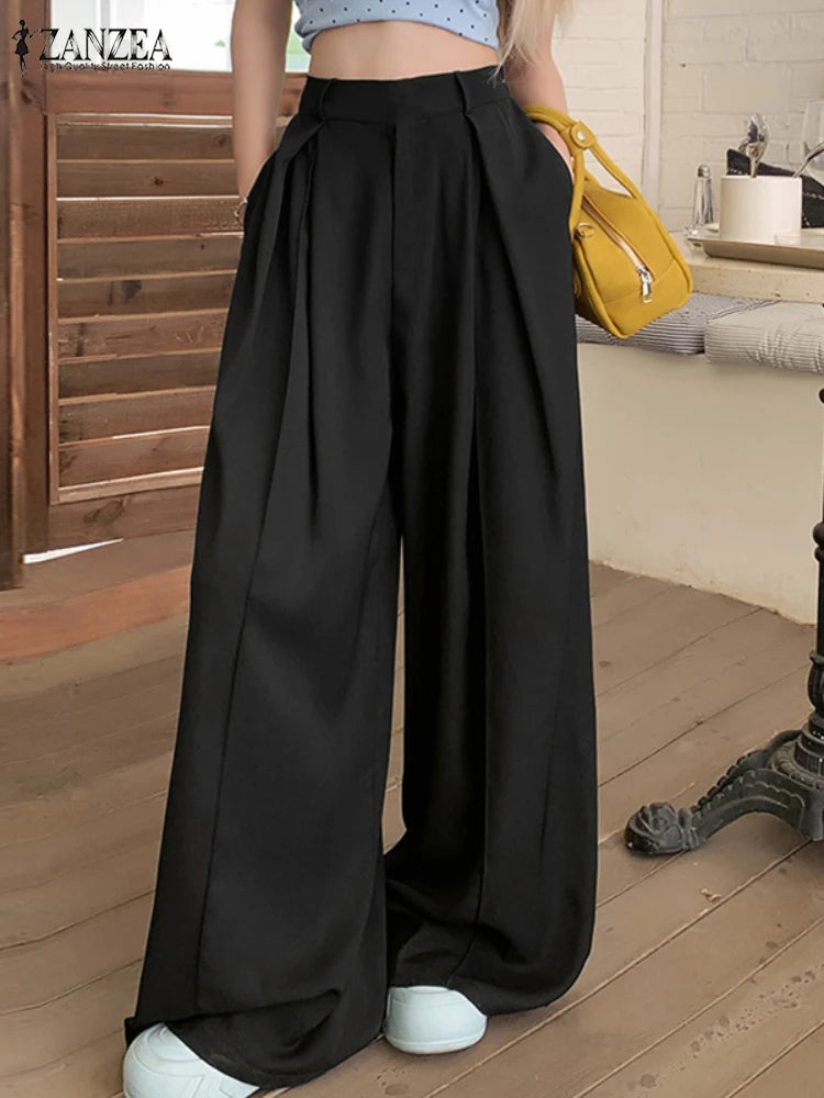 ZANZEA Street Fashion Women Wide Leg Pants Elastic High Waist Inverted Pleats Solid Trousers 2025 Spring Casual Commuting Slacks