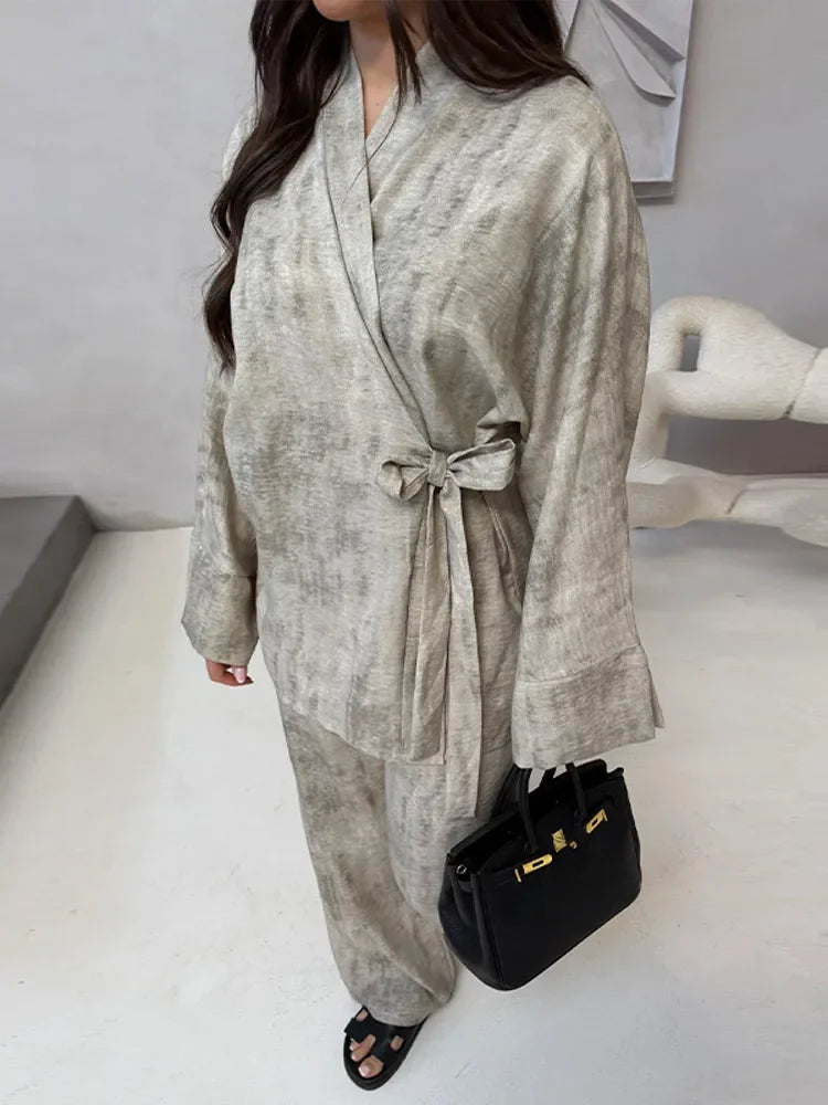Vintage Women's Shirt Pant Suit Loose V-neck Lace Up Long Sleeve Oversize Shirts Wide Leg Pants 2025 Spring Summer 2 Pieces Set