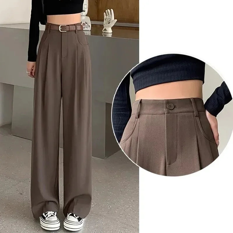 Women Fashion Suit Pants Lady Breathable Baggy High Waist Wide Leg Trousers Lady Straight Leg Gray Classic Office Long Pants
