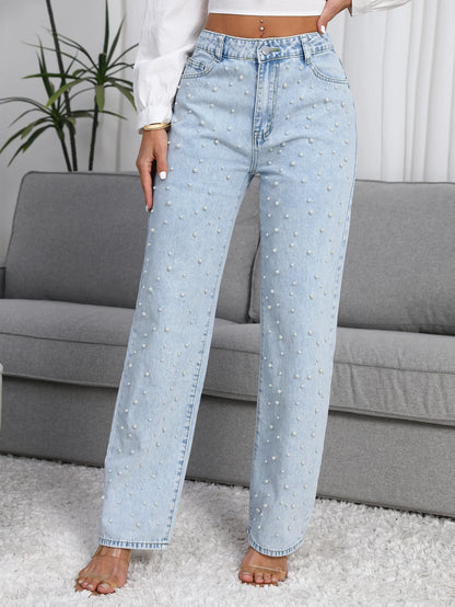 Straight-Leg Denim Jeans  Pearl Detail Casual Light Blue
