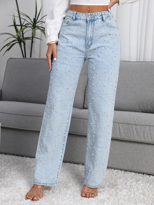 Straight-Leg Denim Jeans  Pearl Detail Casual Light Blue