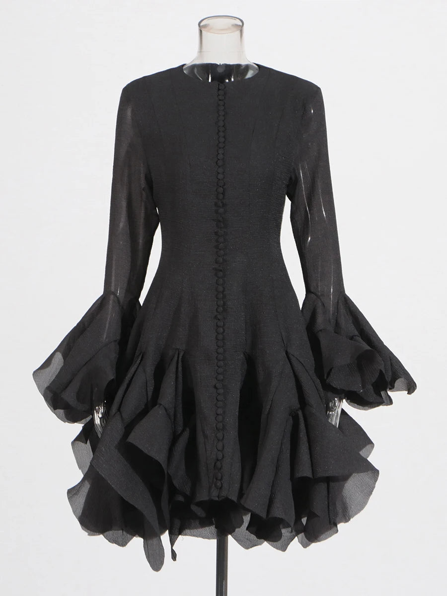 Slimming Dresses -  Long Sleeve High Waist Patchwork Ruffles