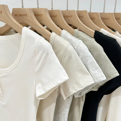 Button T-Shirt Tops Cotton Slim