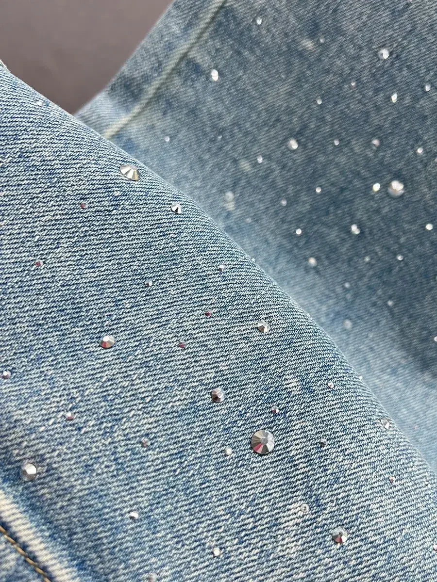 Rhinestone - High Waist Wash Jeans  Loose Slimming Straight-Leg Pants