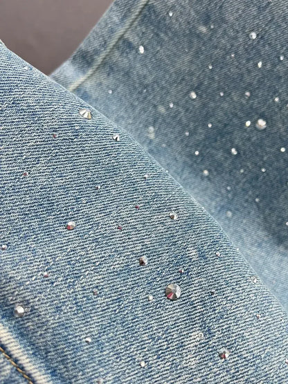 Rhinestone - High Waist Wash Jeans  Loose Slimming Straight-Leg Pants