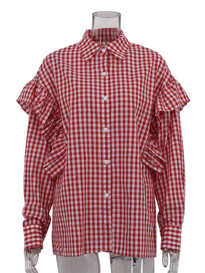 Loose Plaid Cotton  Blouse  Casual Long Sleeve Shirts