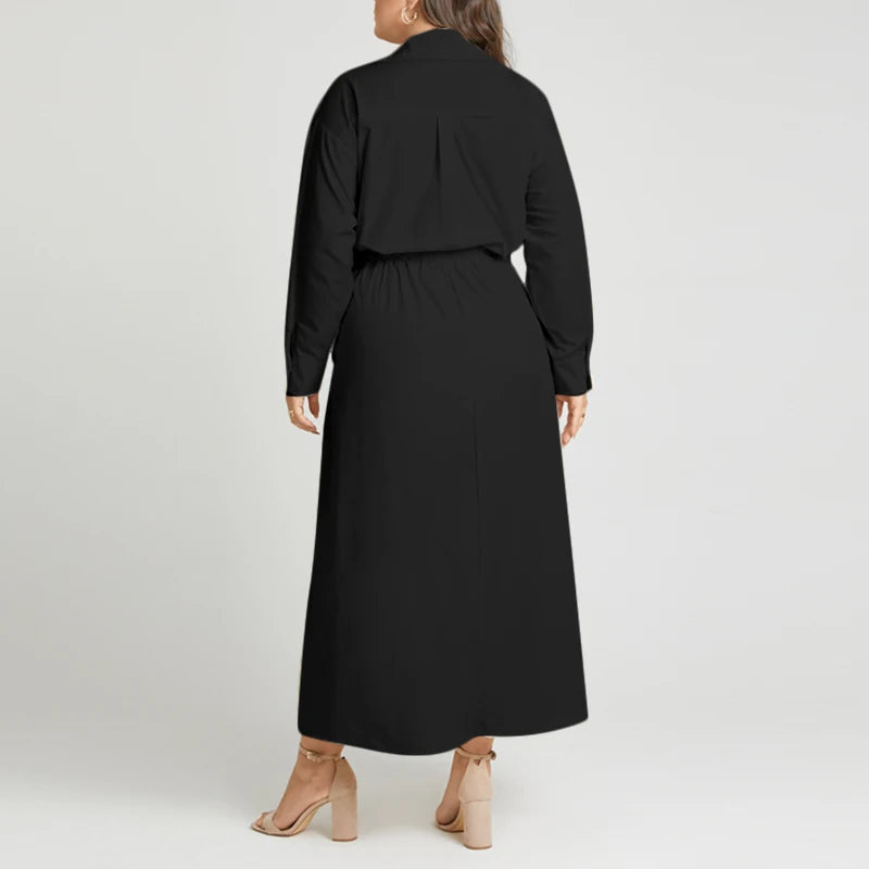 Elegant  Sundress Lapel Neck Long Sleeve Black Dress - Long Dress