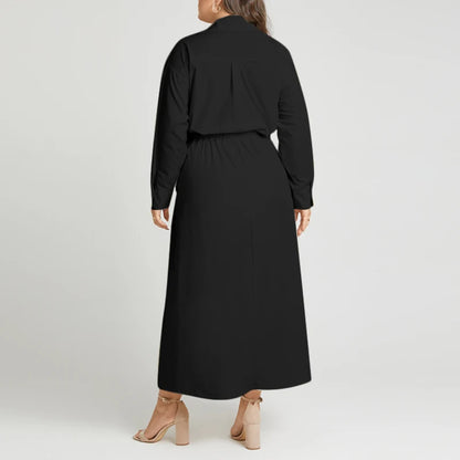 Elegant  Sundress Lapel Neck Long Sleeve Black Dress - Long Dress