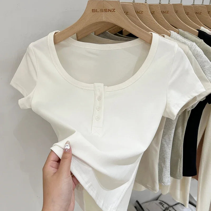Button T-Shirt Tops Cotton Slim