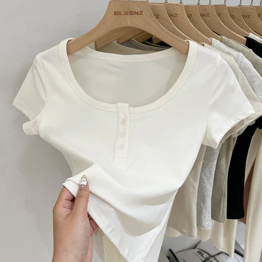 Button T-Shirt Tops Cotton Slim