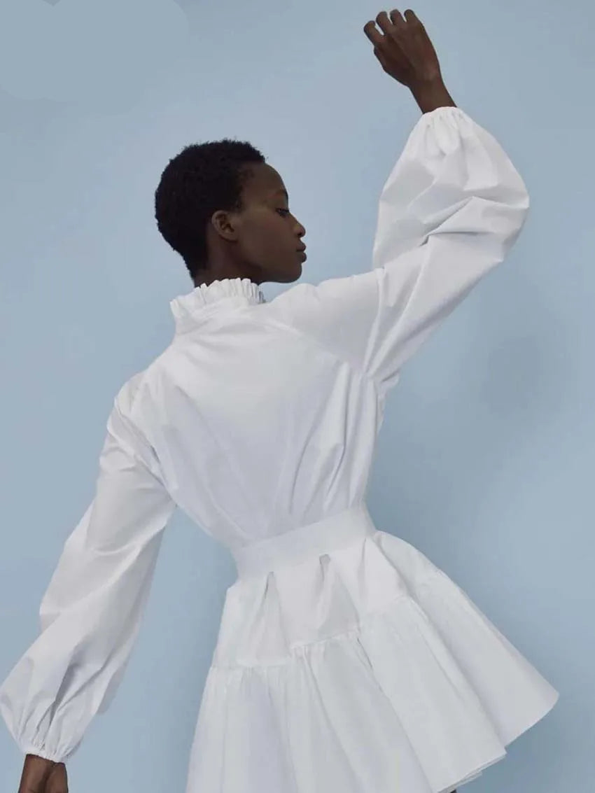 White Cotton Dress Casual - Long Sleeve