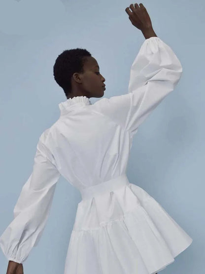 White Cotton Dress Casual - Long Sleeve