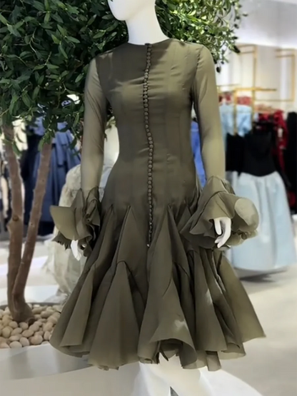 Slimming Dresses -  Long Sleeve High Waist Patchwork Ruffles