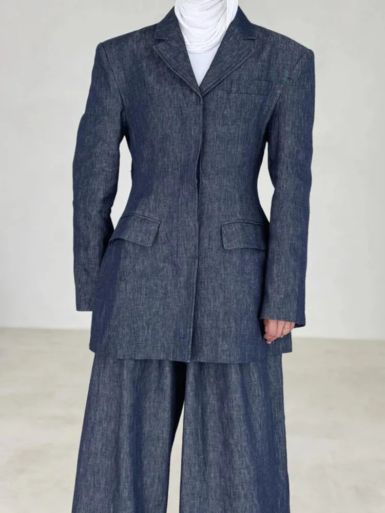 Summer -Denim Linen Blazer Pants Set  Two Piece