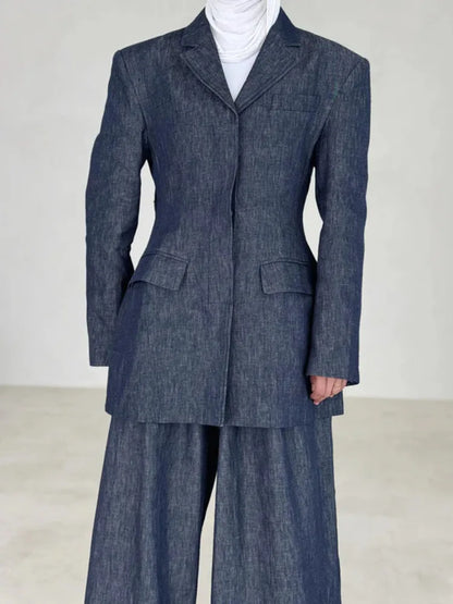 Summer -Denim Linen Blazer Pants Set  Two Piece