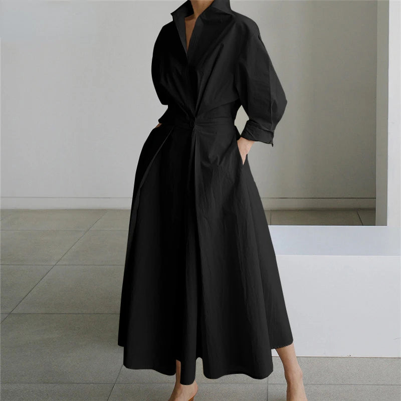 Elegant  Sundress Lapel Neck Long Sleeve Black Dress - Long Dress