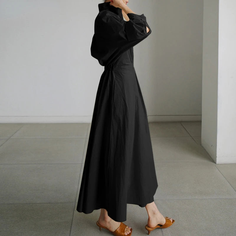 Elegant  Sundress Lapel Neck Long Sleeve Black Dress - Long Dress