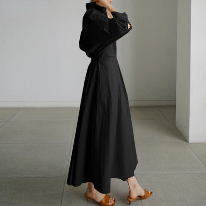 Elegant  Sundress Lapel Neck Long Sleeve Black Dress - Long Dress