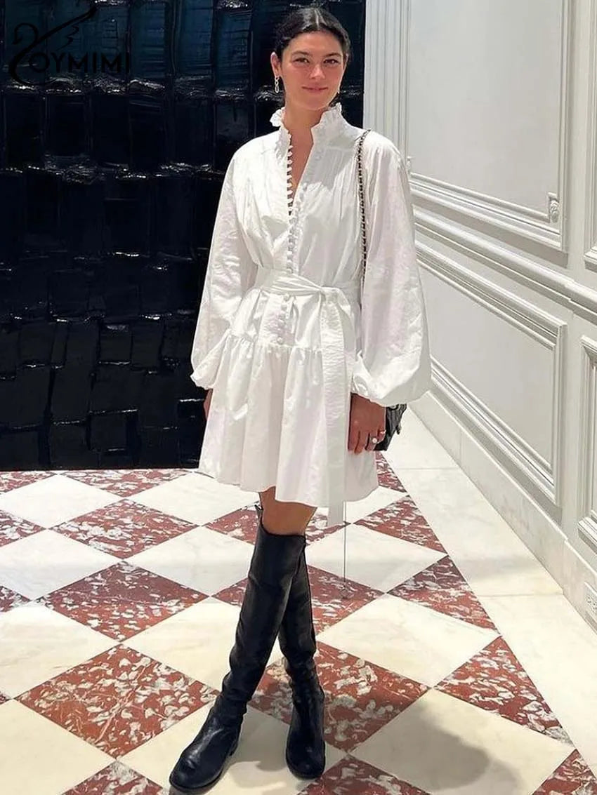 White Cotton Dress Casual - Long Sleeve