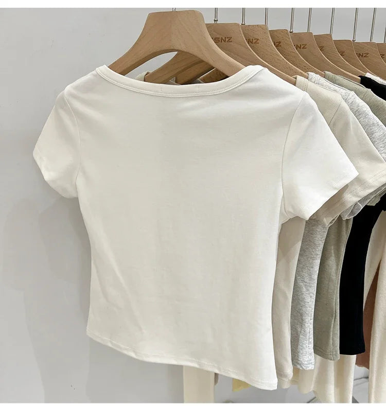Button T-Shirt Tops Cotton Slim