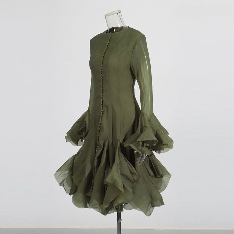 Slimming Dresses -  Long Sleeve High Waist Patchwork Ruffles