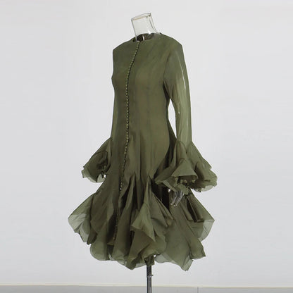 Slimming Dresses -  Long Sleeve High Waist Patchwork Ruffles