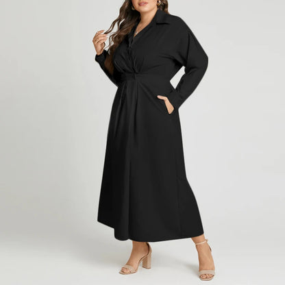 Elegant  Sundress Lapel Neck Long Sleeve Black Dress - Long Dress
