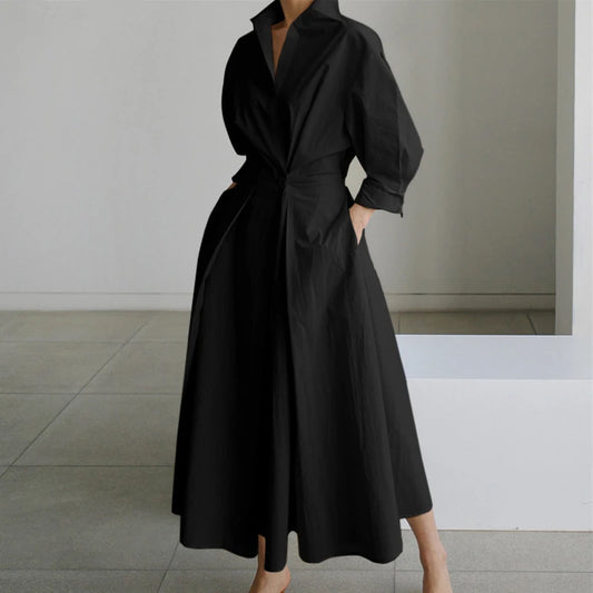 Elegant  Sundress Lapel Neck Long Sleeve Black Dress - Long Dress