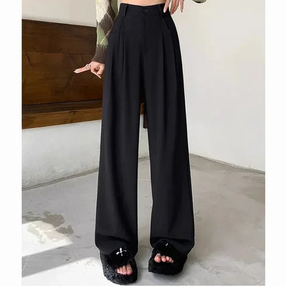 Women Fashion Suit Pants Lady Breathable Baggy High Waist Wide Leg Trousers Lady Straight Leg Gray Classic Office Long Pants
